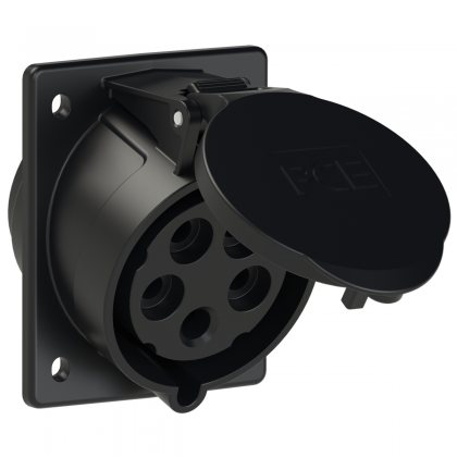 425-6ttx PCE Розетка встраиваемая наклонная 32А/400V/3P+N+E/IP44, черная, фланец 80x97, безвинтовое подключение