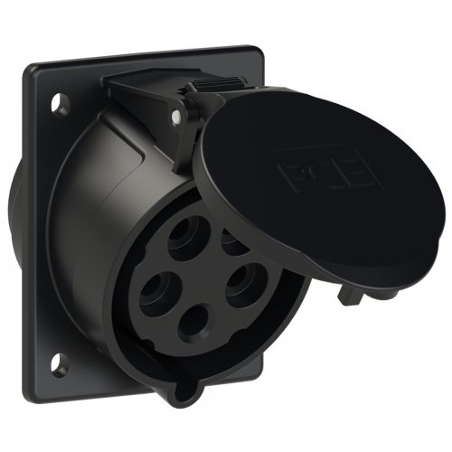 425-6ttx PCE Розетка встраиваемая наклонная 32А/400V/3P+N+E/IP44, черная, фланец 80x97, безвинтовое подключение