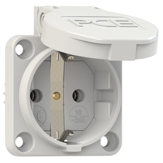 105-0gs PCE Розетка встраиваемая 16A/250V/2P+E/IP54 50x50 подключение сбоку серая