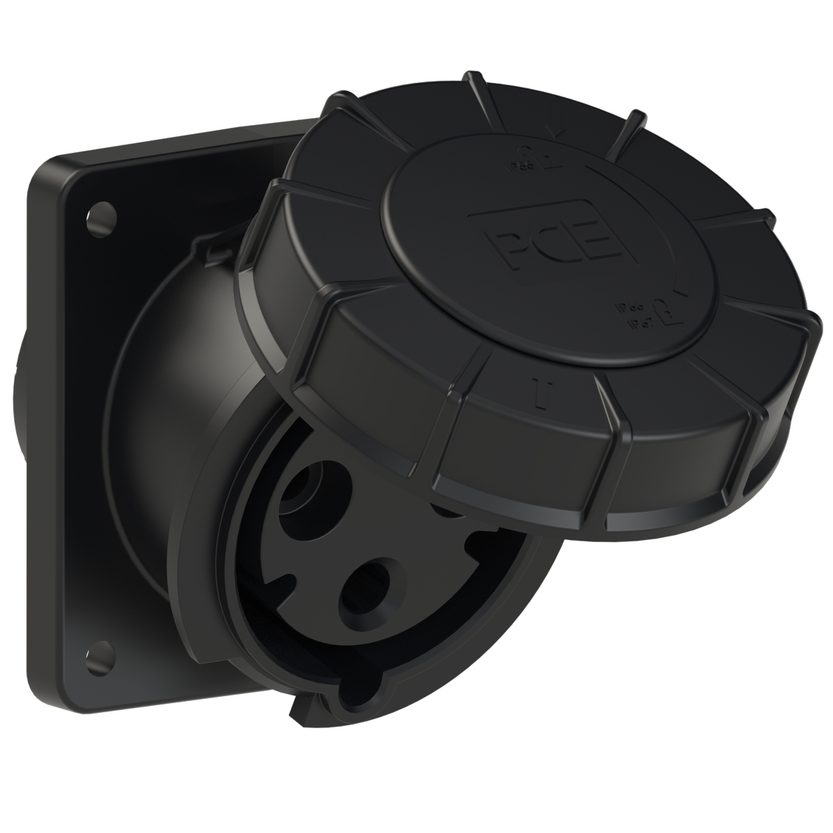 433-6xs PCE Розетка встраиваемая наклонная 63А/230V/1P+N+E/IP67, черная, фланец 100x112
