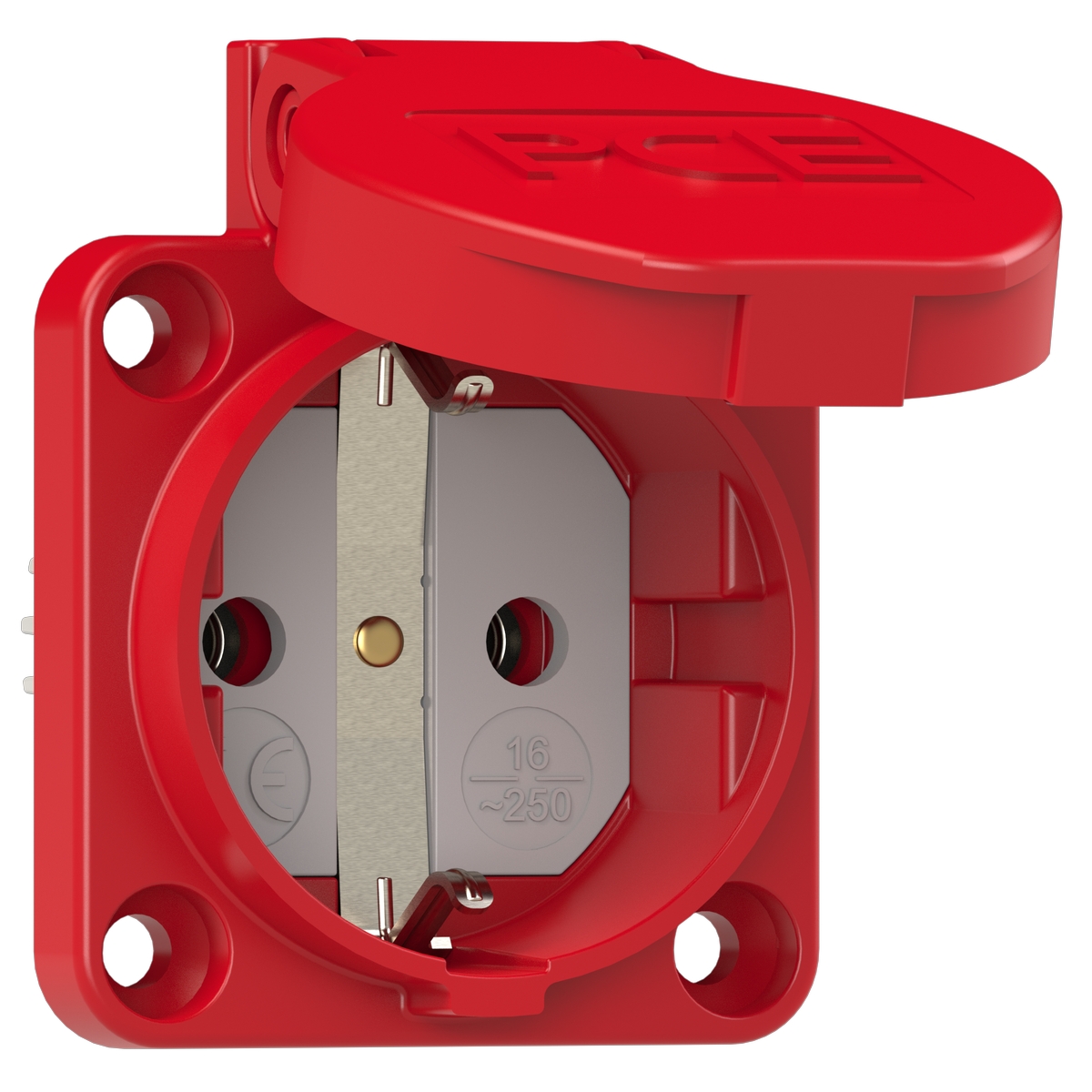 105-0r PCE Розетка встраиваемая 16A/250V/2P+E/IP54 50х50 подкл. сзади красная