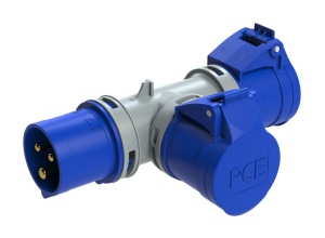 94325103 PCE T-коннектор 2-х розеточный с вводной вилкой 16A/230V/2P+E/IP44