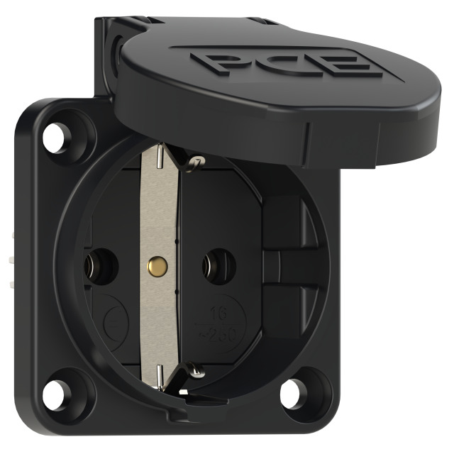 105-0ss PCE Розетка встраиваемая 16A/250V/2P+E/IP54 50x50 подключение сбоку черная