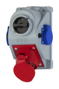 96062552 PCE Розетка комб наст с выкл 32A/400V/3P+N+E/IP44+2Schuko с предохранителями
