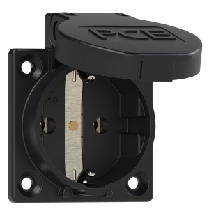 1050-0ss PCE Розетка встраиваемая 16A/250V/2P+E/IP54, фланец 50x50, подключение сбоку, черная