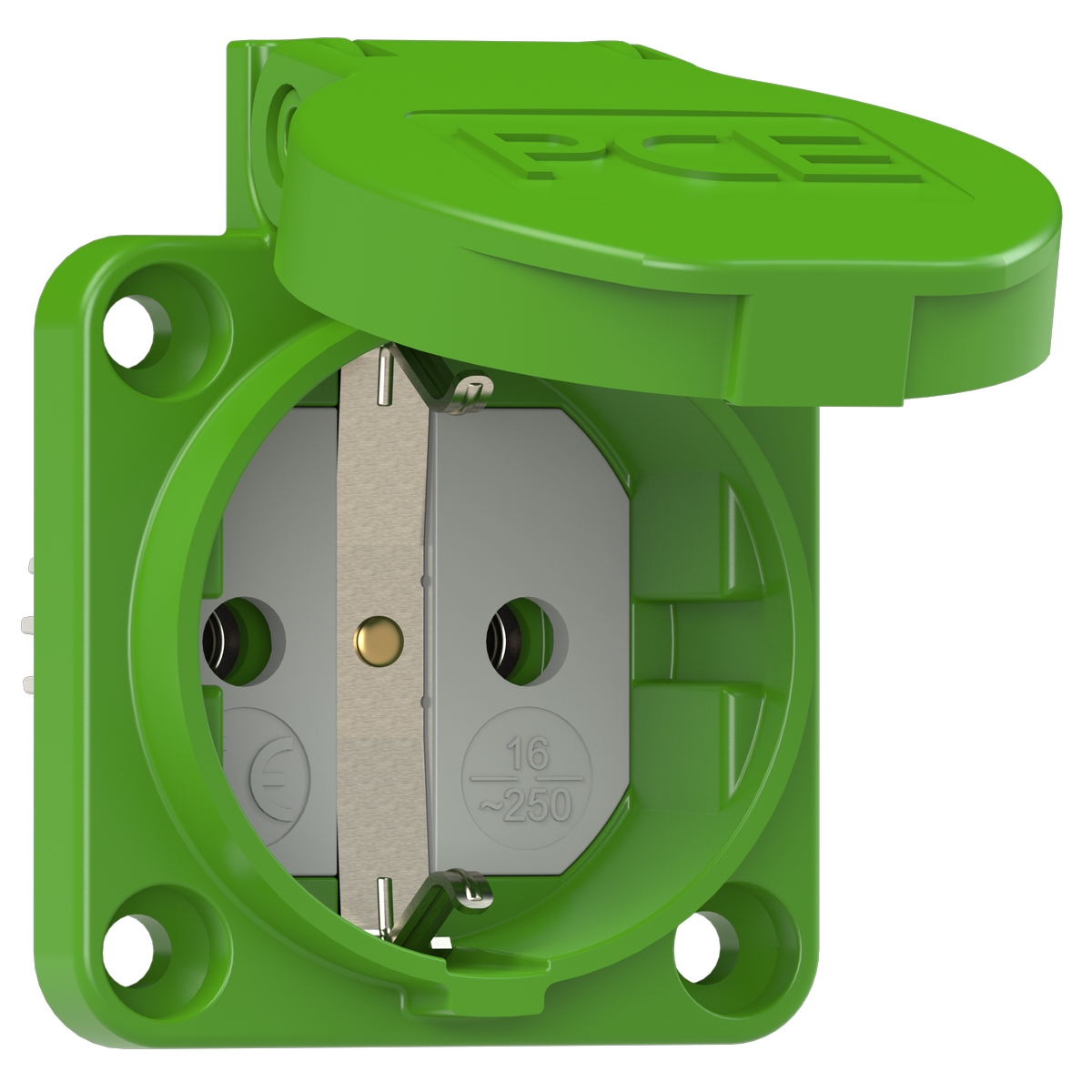 105-0u PCE Розетка встраиваемая 16А/250V/2P+E/IP54 50x50 подкл. сзади зелёная