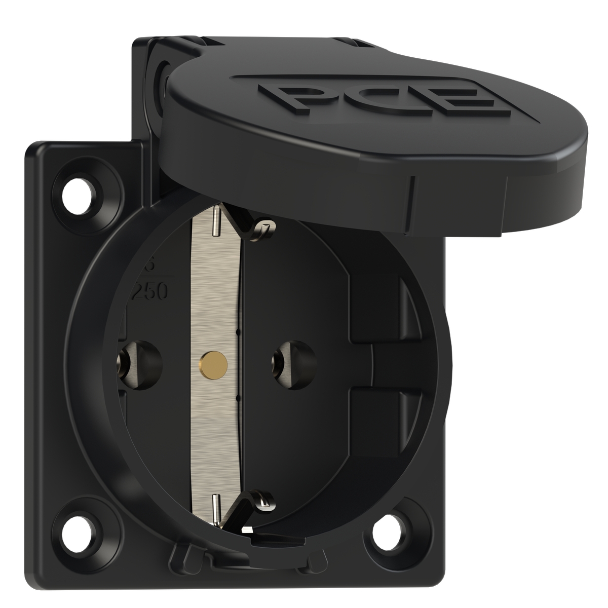 1050-0ss PCE Розетка встраиваемая 16A/250V/2P+E/IP54, фланец 50x50, подключение сбоку, черная