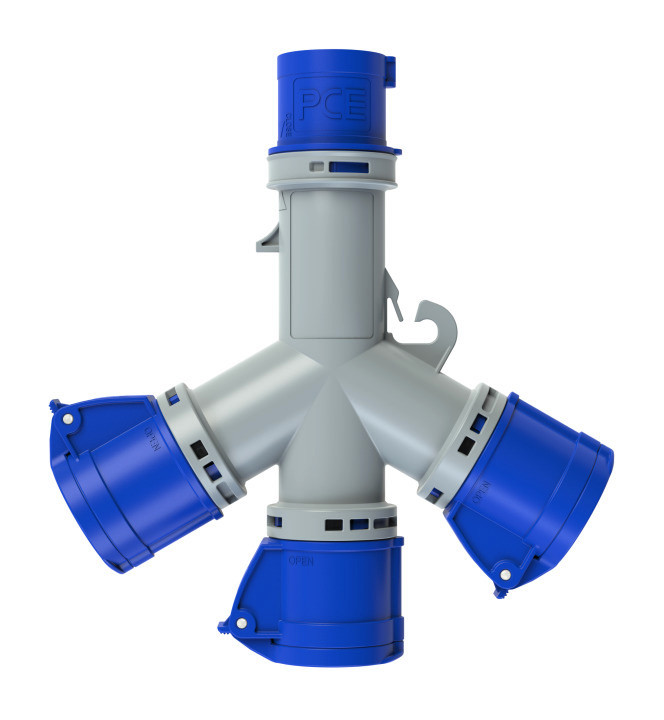 9432000 PCE Тройник. Выход-3 розетки CEE 16А/230V/1P+N+E/IP44, вход-1 вилка CEE 16А/230V/1P+N+E/IP44