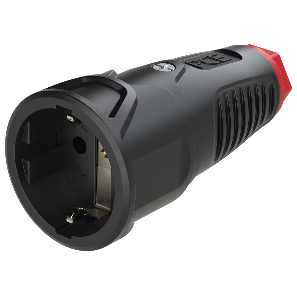 2520-sr PCE Розетка кабельная 16A/250V/2P+E/IP20 корпус черный, маркер красный