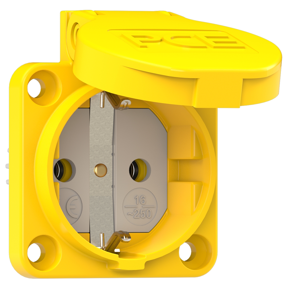 105-0e PCE Розетка встраиваемая 16А/250V/2P+E/IP54 50x50 подкл. сзади жёлтая