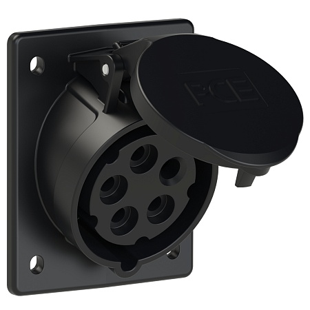415-6x PCE Розетка встраиваемая наклонная 16А/400V/3P+N+E/IP44, черная, фланец 80x97